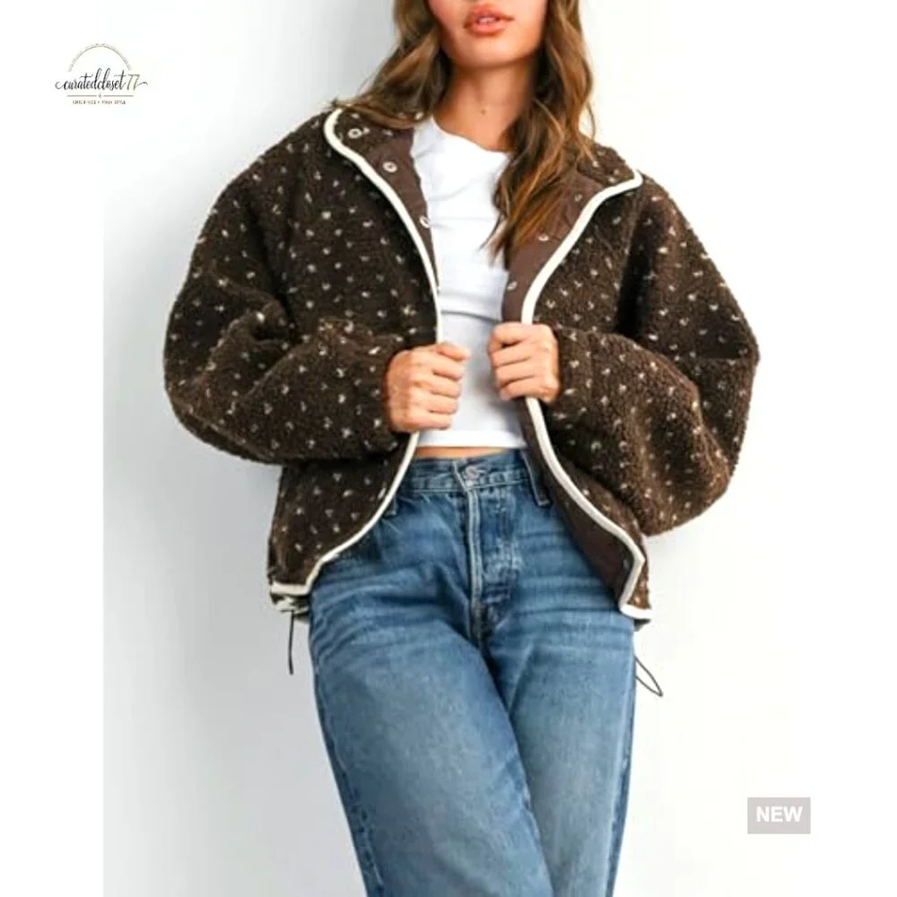 Women's Fleece Jacket Button Down Lapel Collar Sherpa Quilted Outerwear - Picture 5 of 7